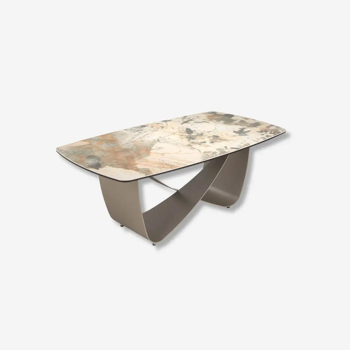 Mesa centro ovalada barril mámol porcelánico y acero taupé metalizado