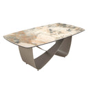 Mesa centro ovalada barril mamol porcelanico y acero taupe metalizado