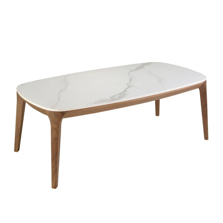 Mesa centro ovalada barril marmol porcelanico y nogal