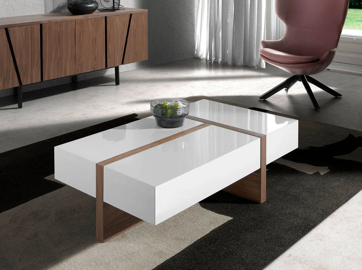Mesa centro rectangular madera blanco y nogal