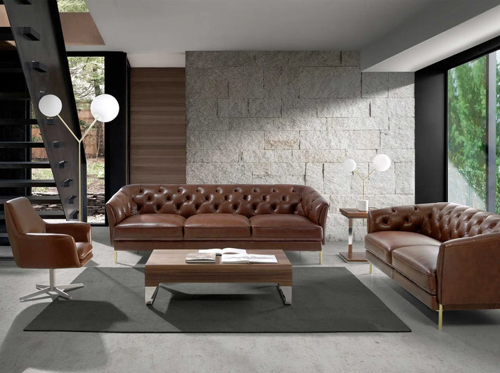 Mesa centro rectangular nogal y acero cromado con dos cajones