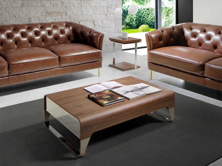 Mesa centro rectangular nogal y acero cromado con dos cajones