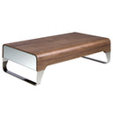 Mesa centro rectangular nogal y acero cromado con dos cajones
