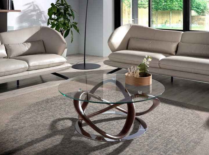 Mesa centro redonda cristal templado, nogal y acero cromado - Mesa de centro - El Workshop - Ø100x39cm