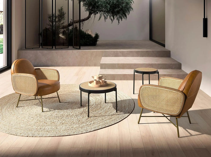 Mesa centro redonda rattan, madera negra y acero negro