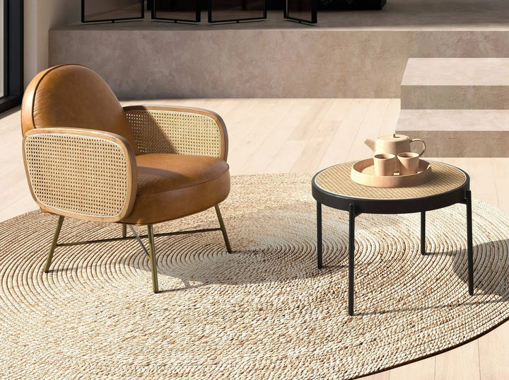 Mesa centro redonda rattan, madera negra y acero negro