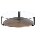 Mesa centro triangular cristal templado, acero negro y nogal