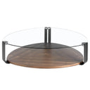 Mesa centro triangular cristal templado, acero negro y nogal