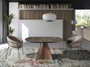 Mesa comedor extensible ovalada barril márrmol porcelanico y acero efecto nogal