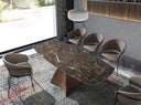 Mesa comedor extensible ovalada barril márrmol porcelánico y acero efecto nogal