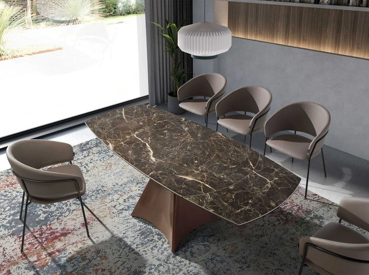 Mesa comedor extensible ovalada barril márrmol porcelánico y acero efecto nogal