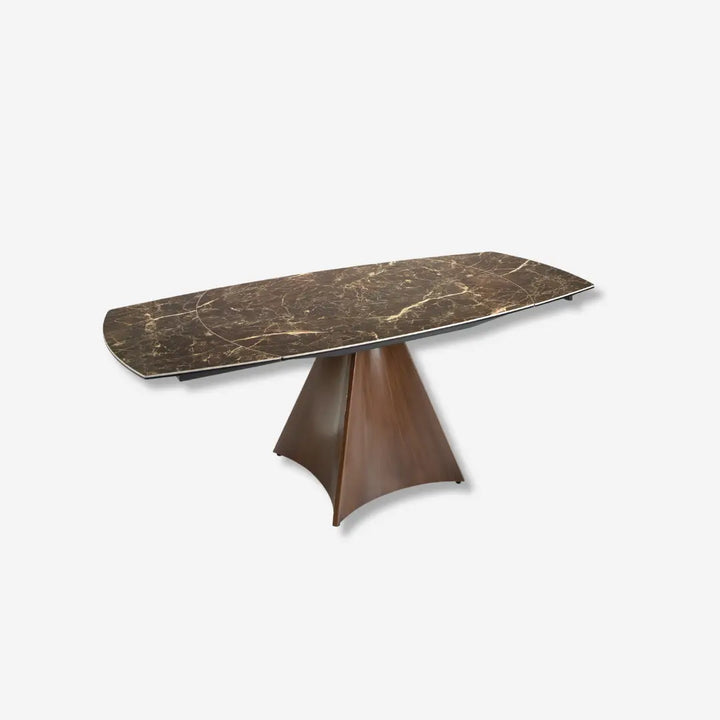 Mesa comedor extensible ovalada barril mármol porcelánico y acero efecto nogal