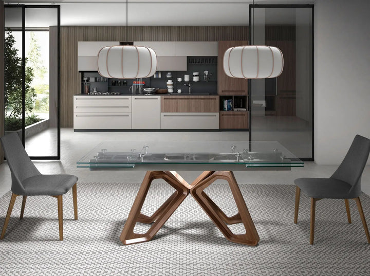 Mesa comedor extensible rectangular cristal templado y nogal