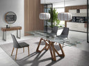 Mesa comedor extensible rectangular cristal templado y nogal