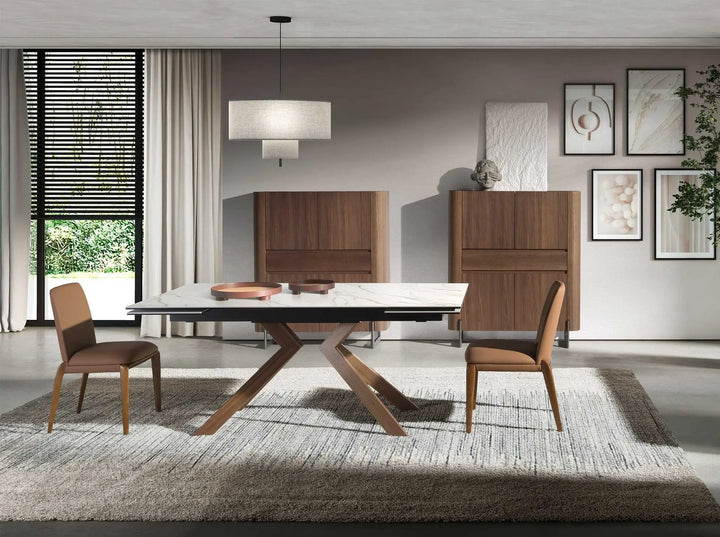 Mesa comedor extensible rectangular de marmol porcelanico y acero efecto madera nogal
