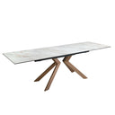 Mesa comedor extensible rectangular de marmol porcelanico y acero efecto madera nogal