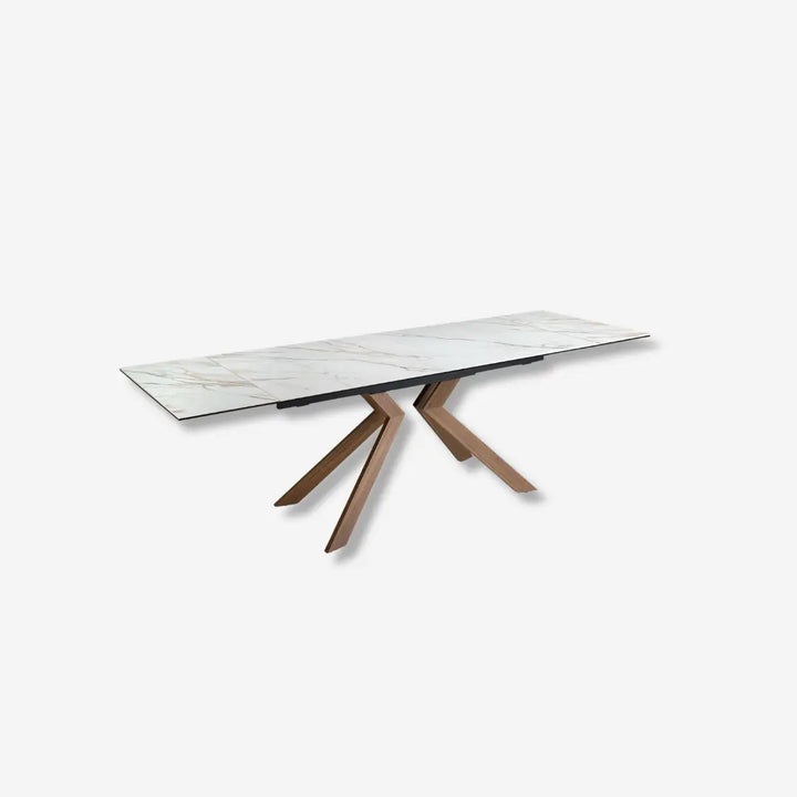 Mesa comedor extensible rectangular mármol porcelánico y acero efecto nogal
