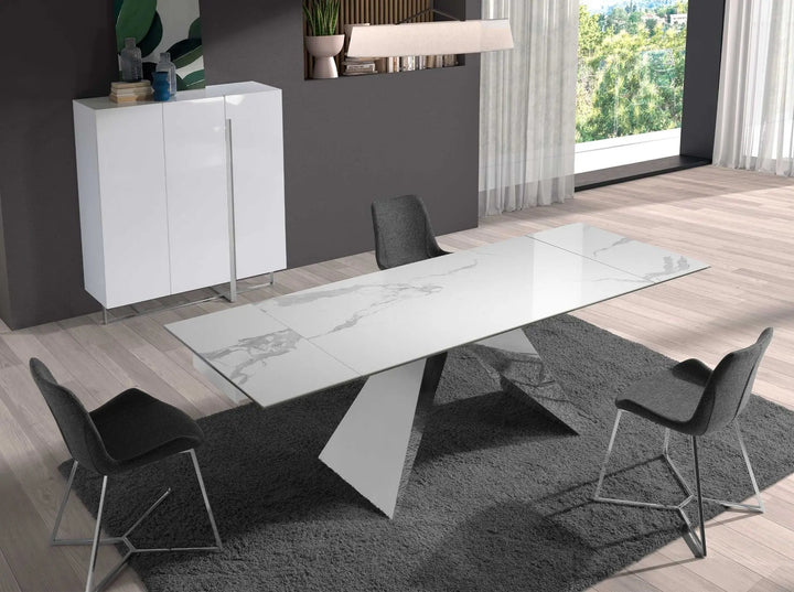 Mesa comedor extensible rectangular marmol porcelanico y acero cromado