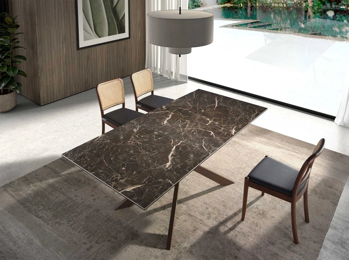Mesa comedor extensible rectangular marmol porcelanico y acero efecto nogal