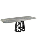 Mesa comedor ovalada barril marmol porcelanico y de acero negro
