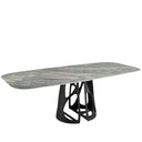 Mesa comedor ovalada barril marmol porcelanico y de acero negro