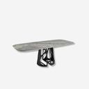 Mesa comedor ovalada barril mármol porcelánico y acero negro