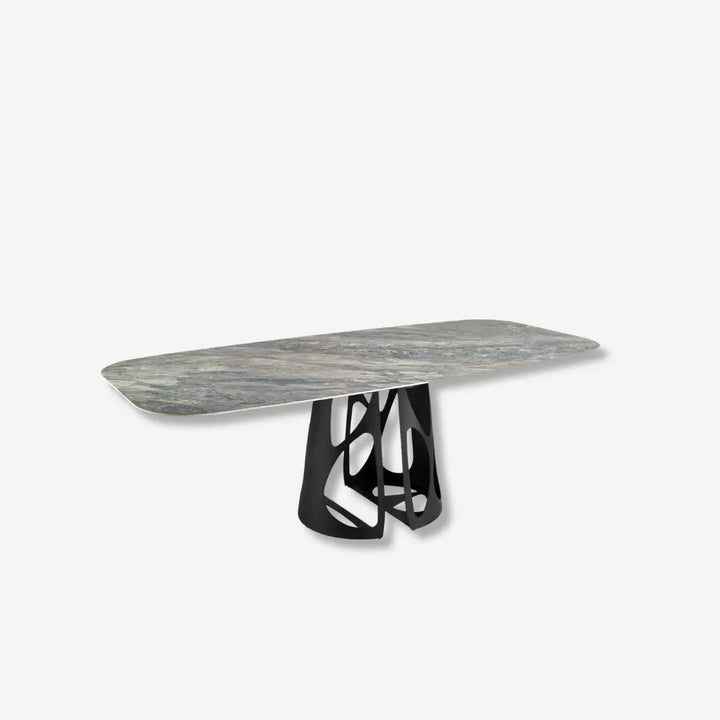 Mesa comedor ovalada barril mármol porcelánico y acero negro
