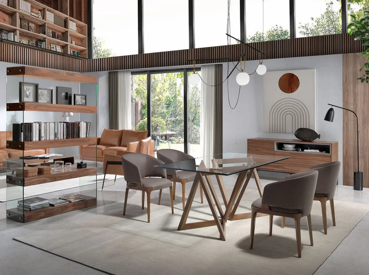 Mesa comedor rectangular de cristal templado y nogal