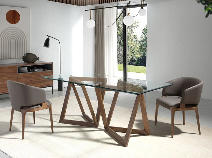 Mesa comedor rectangular cristal templado y nogal