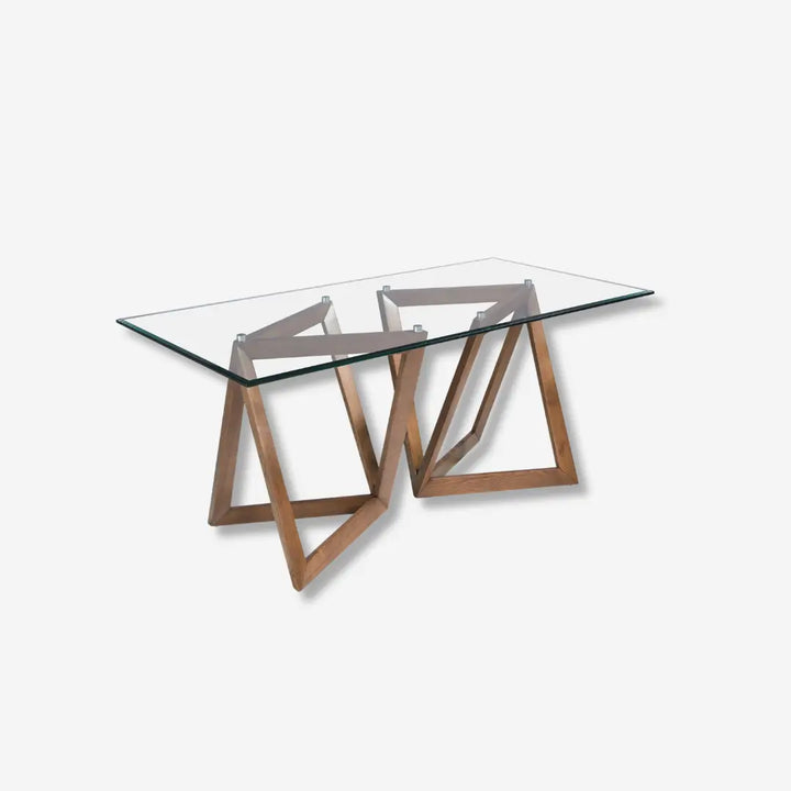 Mesa comedor rectangular de cristal templado y nogal