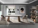 Mesa comedor rectangular marmol porcelanico blanco y paras y estructura de nogal