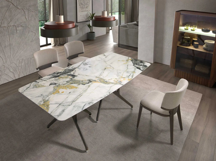 Mesa comedor rectangular mármol porcelánico y nogal oscuro