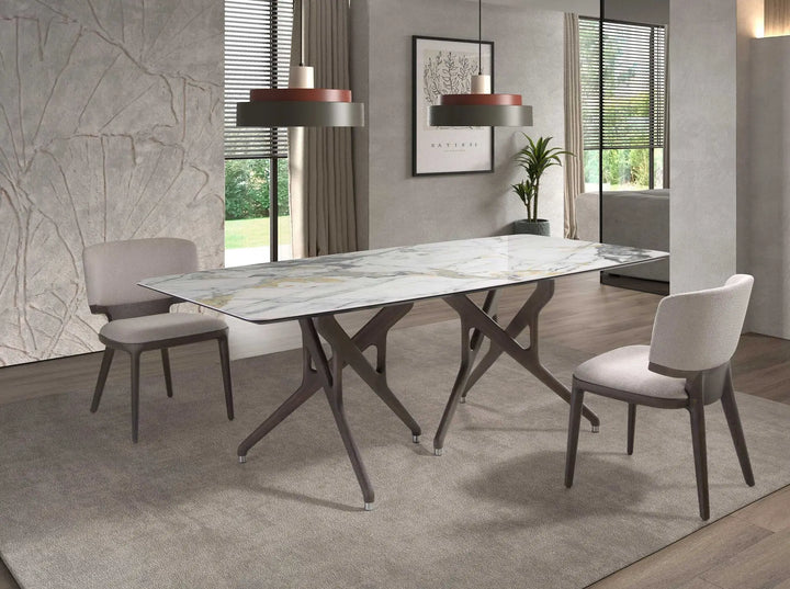 Mesa comedor rectangular mármol porcelánico y nogal oscuro