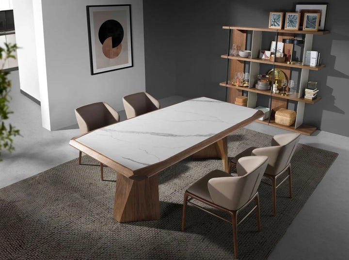 Mesa comedor rectangular marmol porcelanico blanco y paras y estructura de nogal