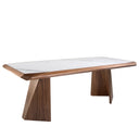 Mesa comedor rectangular marmol porcelanico blanco y paras y estructura de nogal