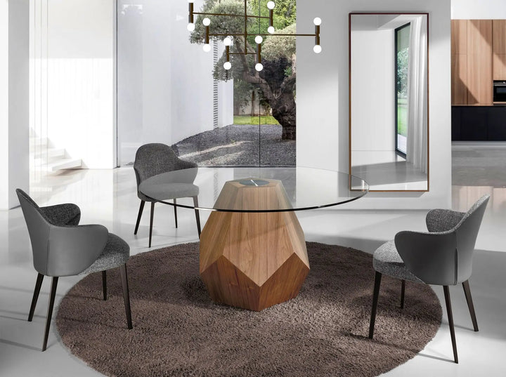 Mesa comedor redonda cristal templado con pata pentagonal en nogal