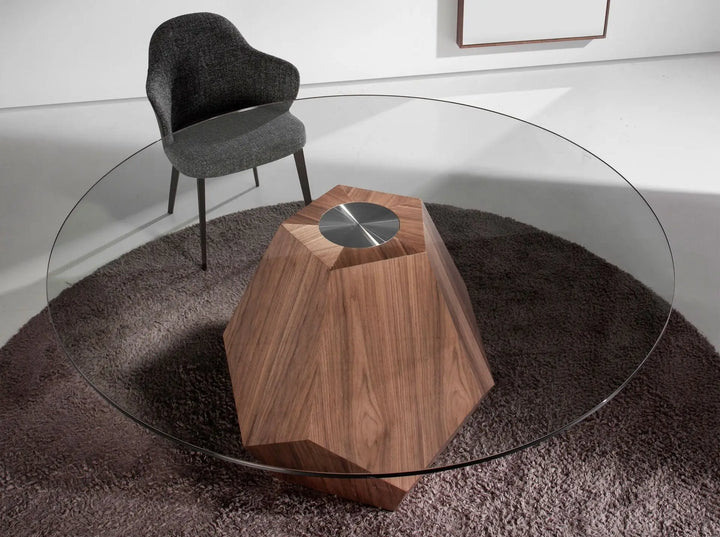Mesa comedor redonda cristal templado con pata pentagonal en nogal