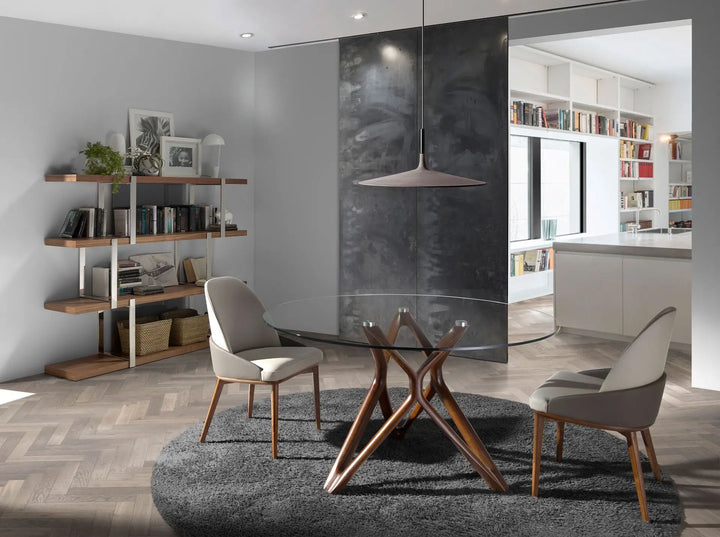 Mesa comedor redonda cristal templado y con patas en nogal