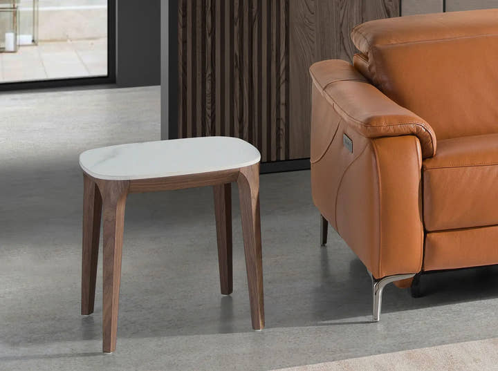 Mesa rincón cuadrada mármol porcelánico y nogal - Mesa auxiliar - El Workshop - 50x50x71cm