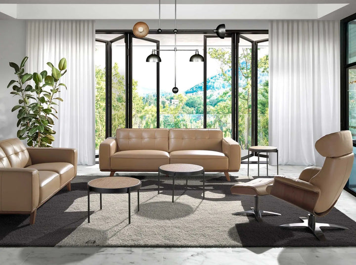 Mesa rincón redonda rattan, madera negra y acero negro