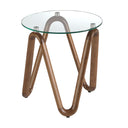 Mesa rincon redonda de cristal templado y patas madera de nogal