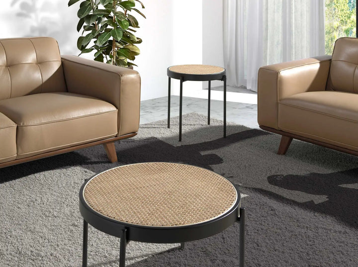 Mesa rincón redonda rattan, madera negra y acero negro