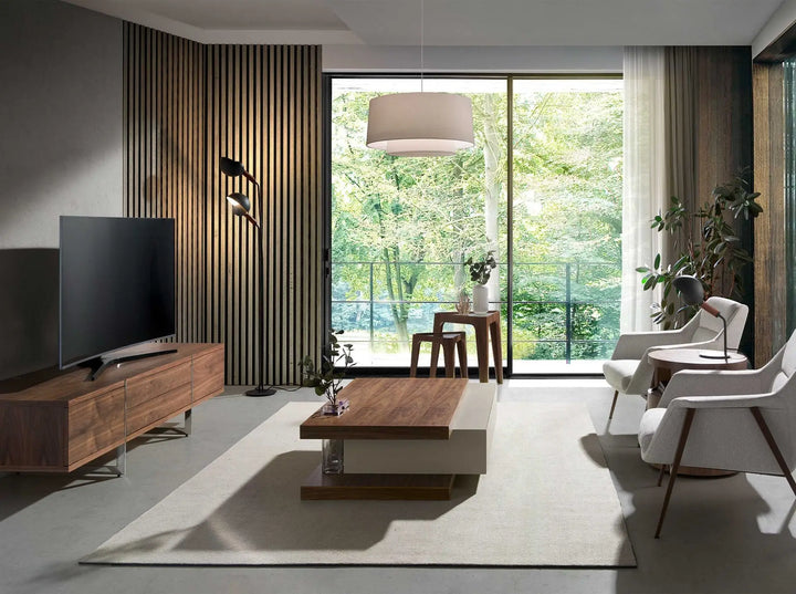 Mesa rincon triangular de cristal templado y nogal