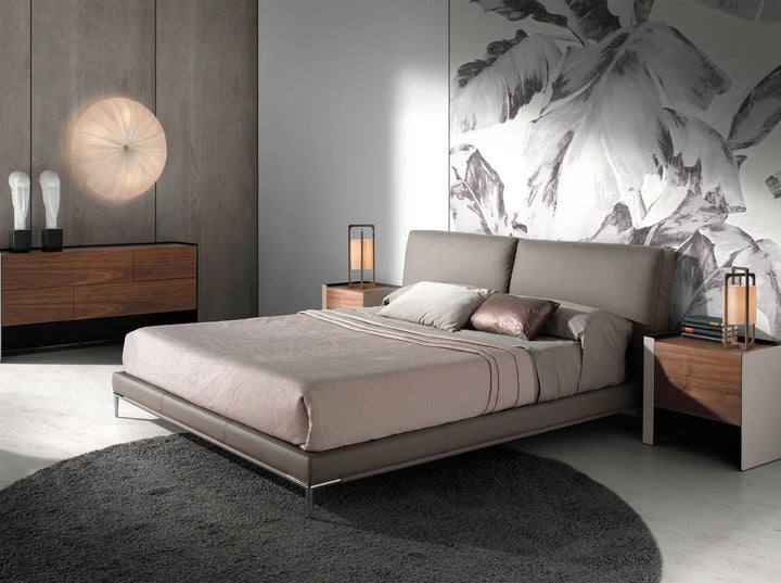 Mesita de noche polipiel, nogal y acero negro