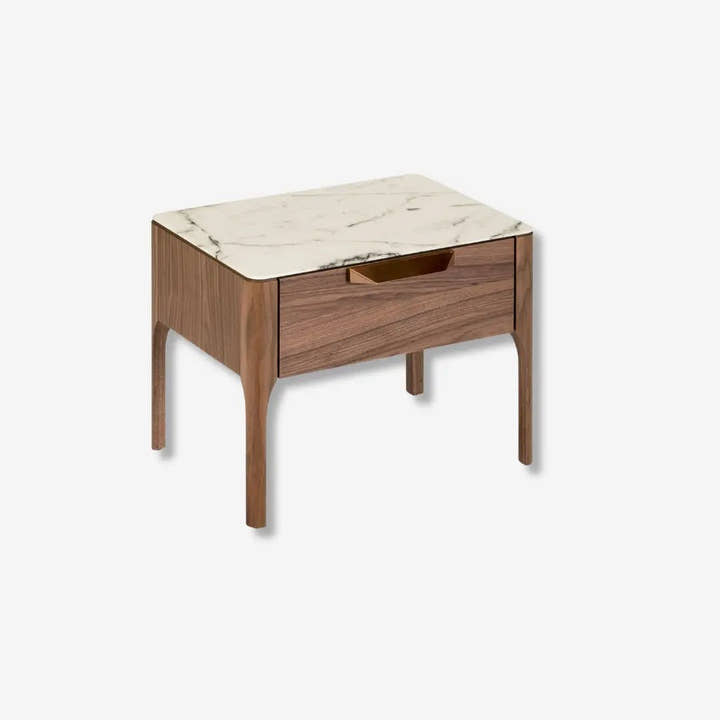 Mesita de noche nogal con tapa de cristal imitación mármol - Mesitas de noche - El Workshop - 55x40x44cm