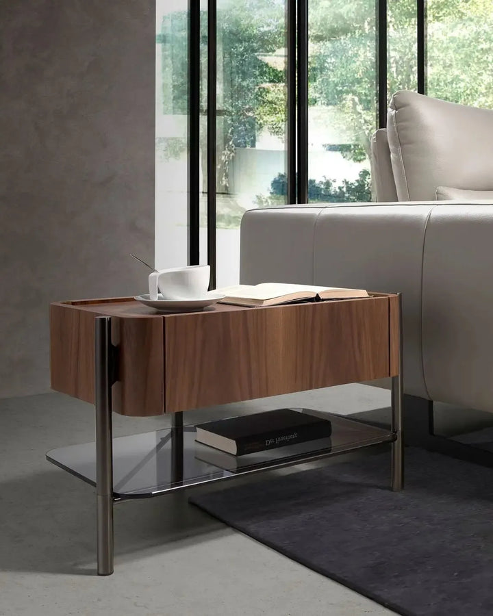 Walnut and dark steel nightstand