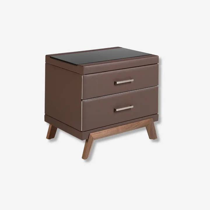 Mesita de noche tapizada polipiel marrón y nogal con tapa de cristal negro - Mesitas de noche - El Workshop - 60x46x56cm
