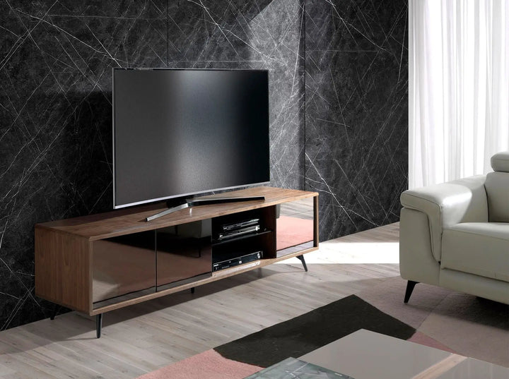 Mueble TV cristal negro efecto espejo, nogal y acero negro