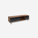 Mueble TV cristal negro efecto espejo, nogal y acero negro