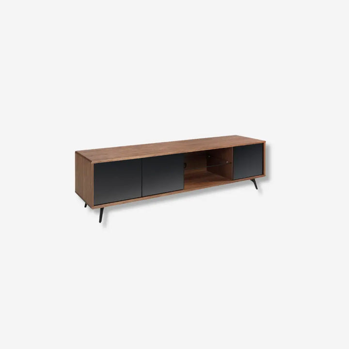 Mueble TV cristal negro efecto espejo, nogal y acero negro